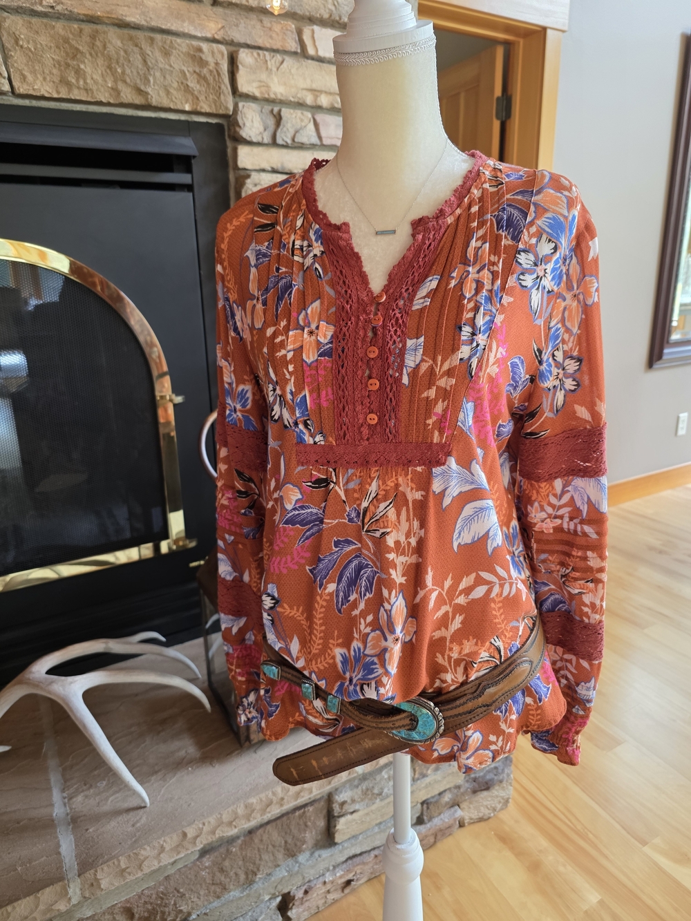 Boho Floral Peasant Top in Burnt Orange